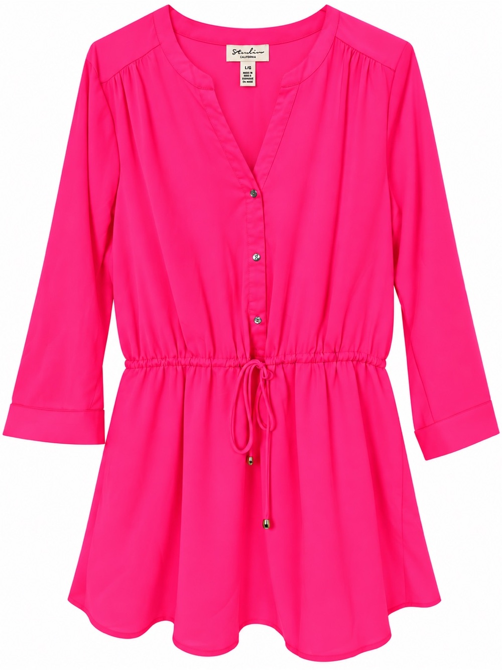 Studio Le Château Neon Pink Drawstring Waist Tunic Dress Size L